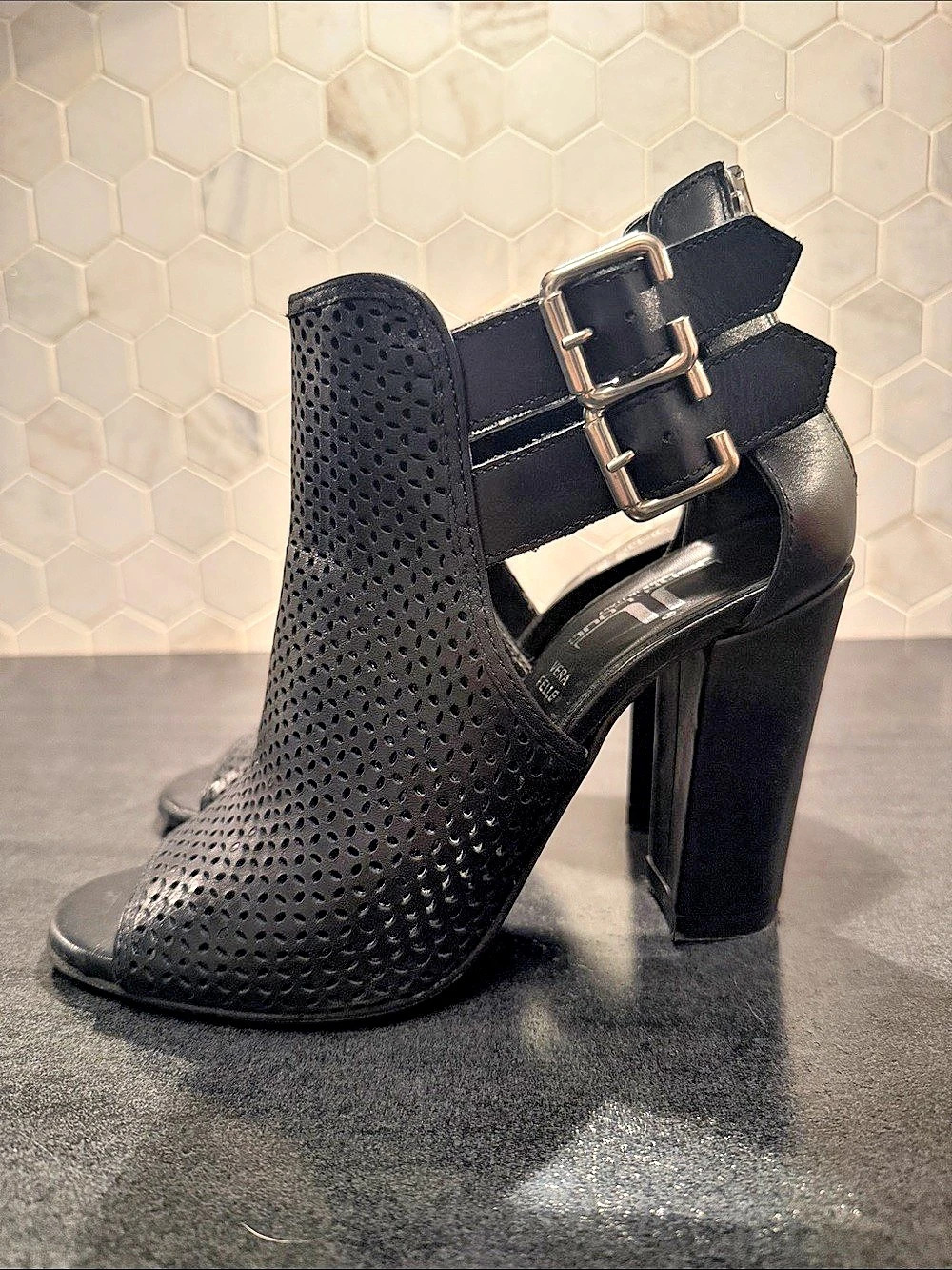 Black Buckle Peep Toe Heels